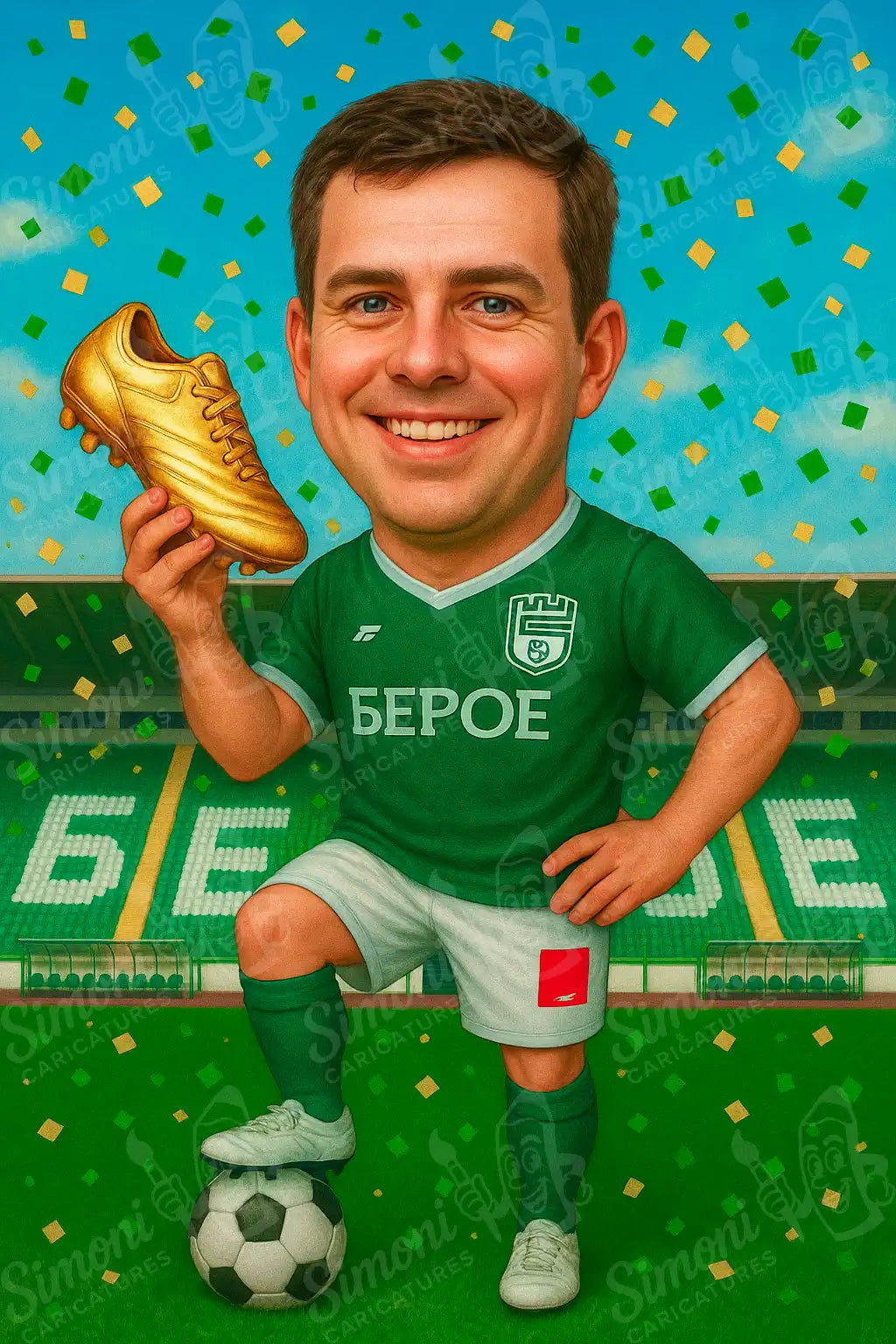 Карикатура на футболист с екип на Бероe, златен обувка, футболна сцена, персонализиран портрет Simoni Caricatures.